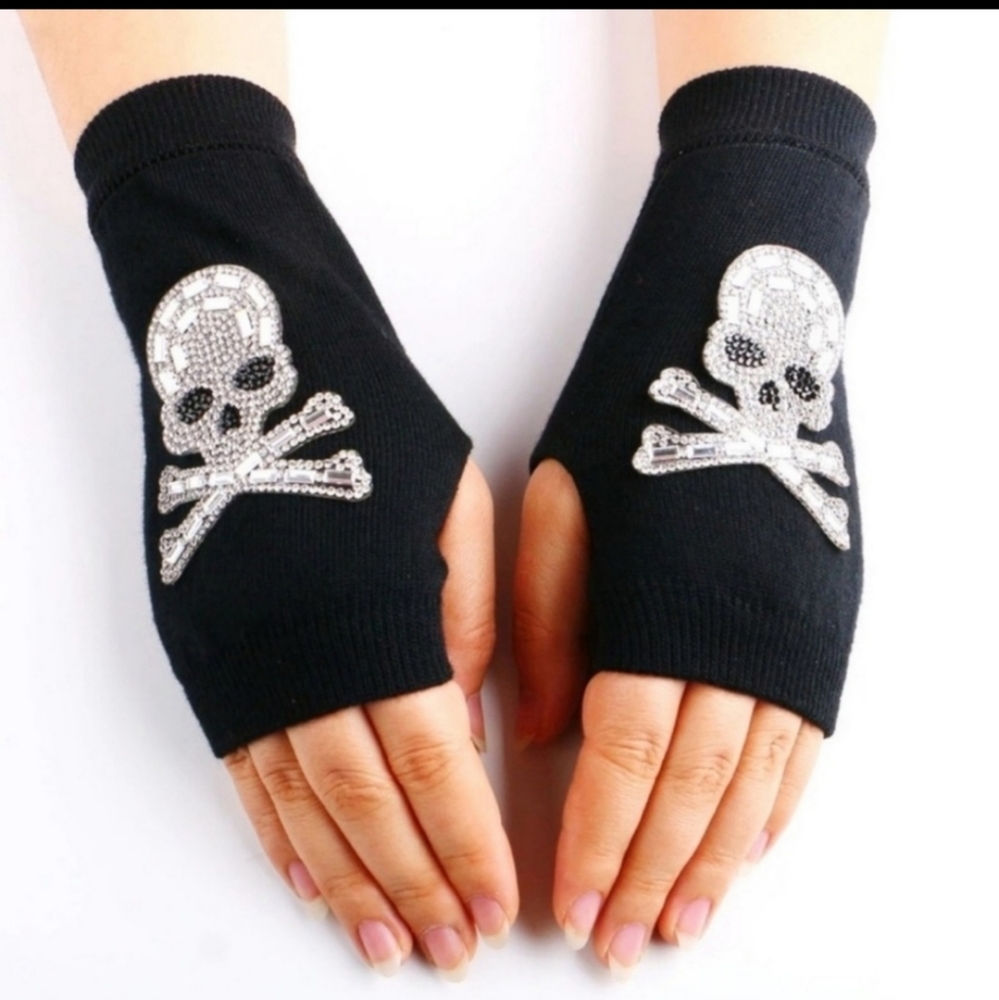SKULL FINGERLESS KNIT GLOVES RHINESTONE